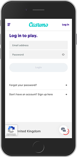 Casino login screen on a phone